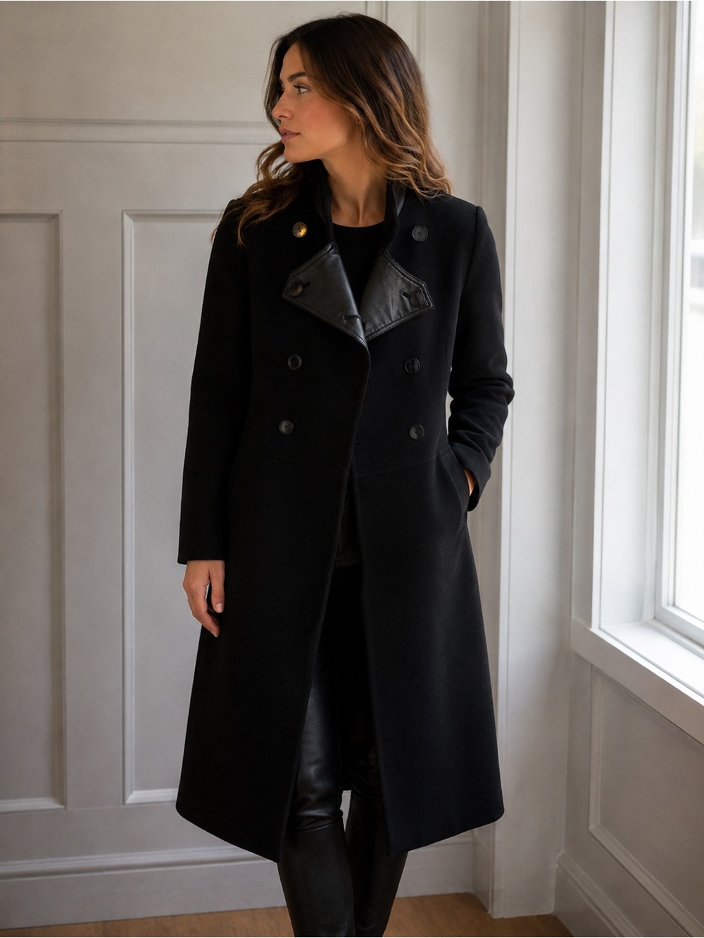 Sandro Wool Leather Winter Double Breasted Coat Black Size 36 S